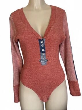 Women's Tall XL Rust Long-Sleeve Henley Bodysuit